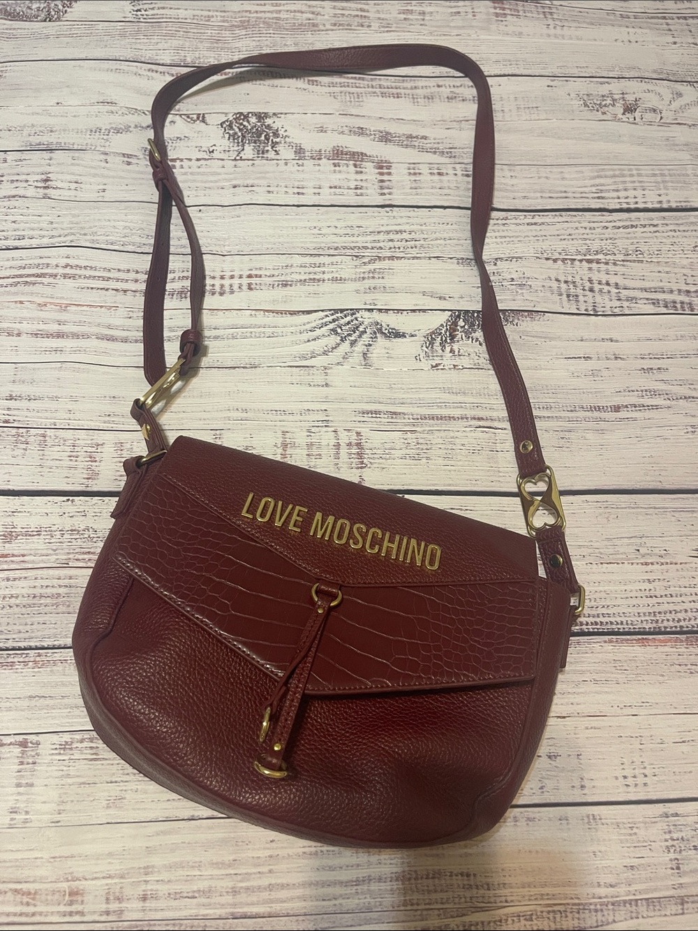 Love Moschino Burgundy Faux Croc Crossbody Bag